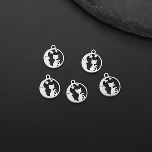 Detail of silver cat and moon stainless steel charms for DIY jewelry crafting