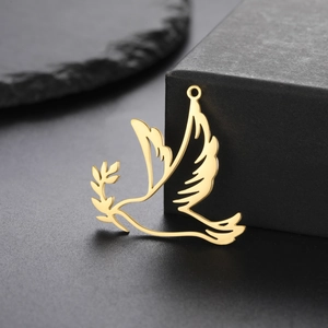 Polished gold peace dove pendant with olive branch in high-quality stainless steel