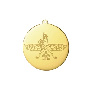 Gold round Faravahar pendant in 18K plated stainless steel with feather details