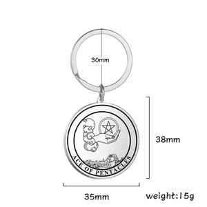 Detailed view of Ace of Pentacles tarot keychain made of polished stainless steel