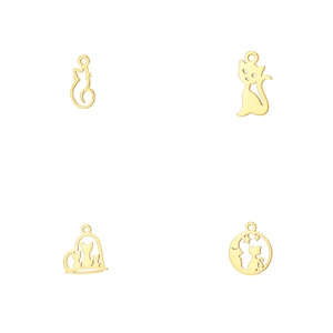 Set of four unique gold stainless steel cat charms for DIY jewelry making accessories