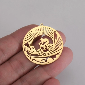 Golden titanium steel bicycle pendant with hollow laser-cut mountain cycling scene