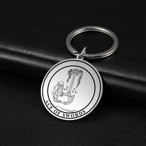 Stainless steel Ace of Swords Tarot keychain with vintage engraved silver metal pendant