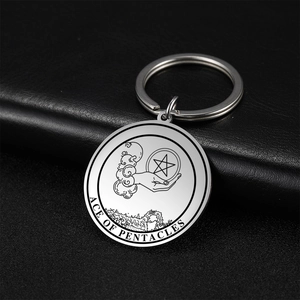 Retro stainless steel Ace of Pentacles tarot keychain with engraved coin charm