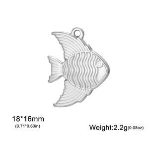 Macro view of fish-shaped stainless steel charm with 18x16mm size specifications