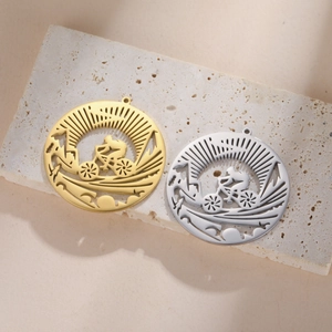 Stainless Steel Hollow Cycling Round Tag Pendant Mountain Sun Cyclist Design For DIY Jewelry Making Keychain Pendant Accessory