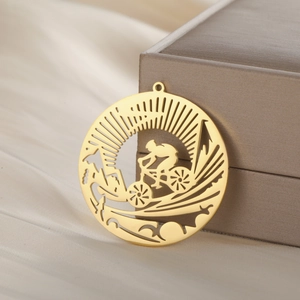 Golden titanium steel openwork cycling pendant with mountains and sun for DIY jewelry