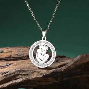 Collier en acier inoxydable argenté avec pendentif mère et enfant et cadre en zircon