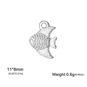 Detailed specs for silver fish pendant showing 11x8mm size and 0.6g weight for DIY jewelry