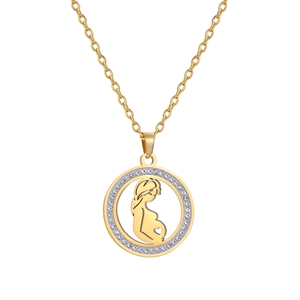 Collier doré en acier inoxydable avec pendentif silhouette de mère enceinte serti de cristaux