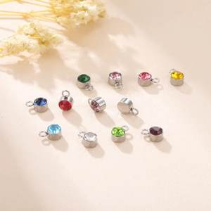 Colorful round stainless steel birthstone charms for DIY jewelry making and necklaces