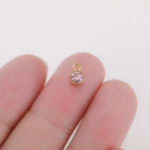 Polished gold-plated stainless steel round pink rhinestone birthstone charm for jewelry DIY