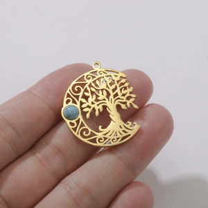 Gold stainless steel hollow moon and tree of life pendant with turquoise stone inlay