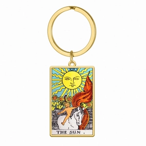 Gouden roestvrijstalen Tarotkaart De Zon sleutelhanger met rechthoekig ontwerp