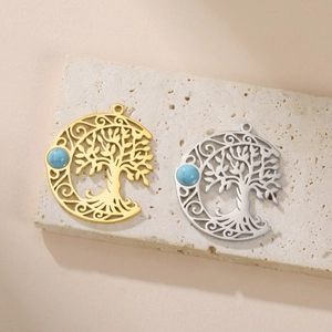 Stainless Steel Hollow Moon Tree Of Life Pendant With Artificial Turquoise Stone For DIY Necklace Earrings Jewelry Making