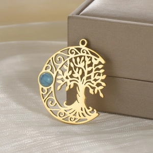 Golden hollow crescent moon and tree of life pendant with round turquoise gemstone