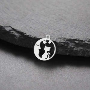 Silver stainless steel round pendant featuring a hollow cat moon and stars design
