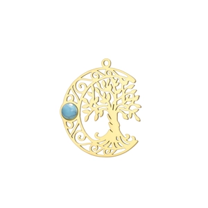 Golden hollow moon and tree of life pendant featuring a round turquoise stone