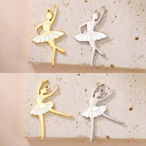 Pendentifs ballerine élégants en or et argent avec jupe émaillée blanche sur pierre