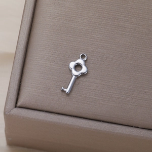 Macro shot of silver clover flower key pendant on a textured jewelry box background
