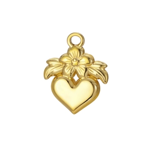 Gouden 3D hartvormige hanger met bloemmotief en metalen lus voor het maken van sieraden