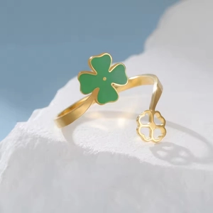 Adjustable Stainless Steel Clover Open Ring Green Enamel Lucky Flower Jewelry For Women Elegant Hollow Finger Ring Gift