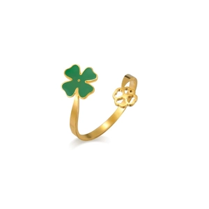 Adjustable gold ring with green enamel four-leaf clover and hollow lucky leaf design