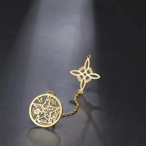 Golden Celtic knot pentagram pendant with Tetragrammaton inscription in stainless steel