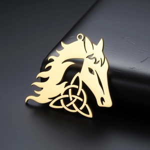 Polished 18K gold vacuum plated horse head pendant with Celtic knot cutout design