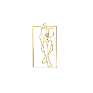 Gold hollow rectangular portrait pendant with minimalist reading girl artistic design