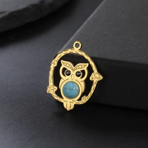 Golden owl pendant with turquoise bead inlay on tree branch ring jewelry accessory
