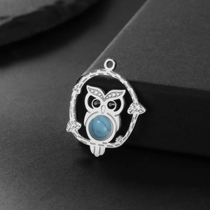 Silver owl pendant with turquoise gemstone in circular branch frame for DIY jewelry