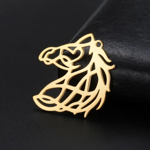 Modern gold horse head pendant with hollow line art on black leather background