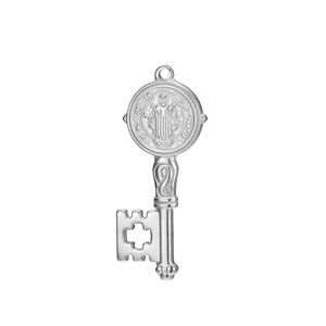 Sint-Benedictus sleutelhanger van roestvrij staal met hart en kruisdetail in zilver