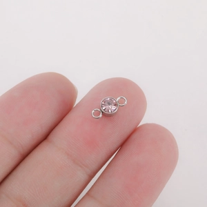 Silver stainless steel birthstone connector with pink rhinestone for DIY jewelry making