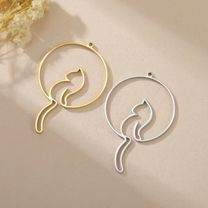 Stainless Steel Cat Hollow Circle Pendant Minimalist Animal Charm For DIY Jewelry Making Findings Necklace Bracelet Accessories