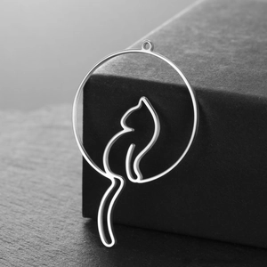Polished stainless steel cat silhouette pendant in hollow circle for DIY jewelry making