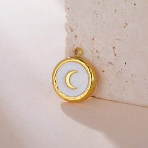 Hammered gold stainless steel round pendant with pearl white moon and dove branch motifs
