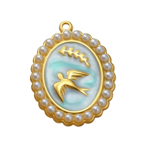 Elegant gold pendant with swallow relief, white pearls and blue enamel background