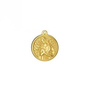 Golden stainless steel round pendant featuring religious Mary prayer relief on white backdrop