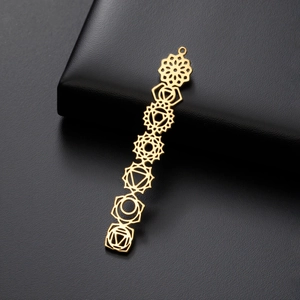 Vue détaillée du pendentif sept chakras doré ajouré sur fond de cuir noir texturé