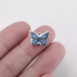 Blue butterfly stainless steel pendant charm with enamel detailing for DIY jewelry