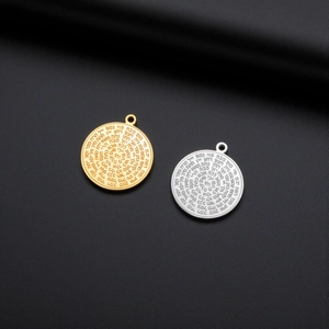 Macro detail of double-sided etched stainless steel Solomon pendants in gold and silver