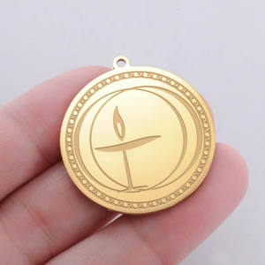Stainless Steel Flaming Chalice Round Pendant Religious Symbol Engraved DIY Jewelry Accessory For Necklace Keychain