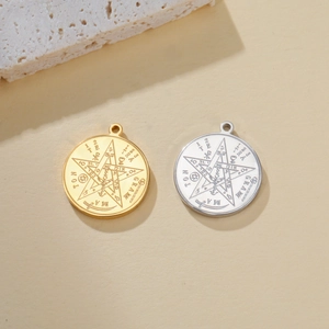Stainless Steel Solomon Seal Pentagram Pendant Round Double Sided Etched Tetragrammaton Charm For DIY Jewelry Making Necklace Earrings