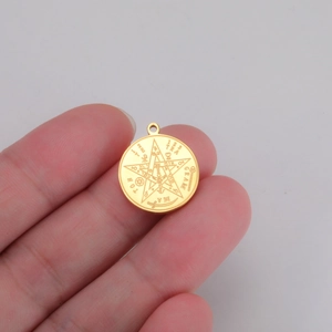 Golden stainless steel Solomon pendant featuring pentagram and Tetragrammaton engraving