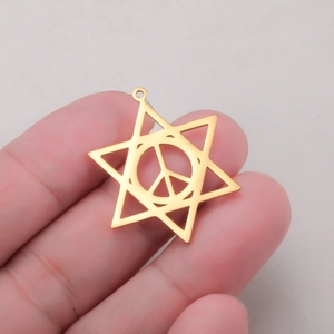 Detailed view of a gold-plated hexagram pendant featuring a central peace sign symbol