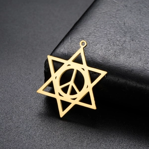 Detailed close-up of golden stainless steel hexagram and peace symbol pendant charms