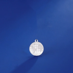 Polished silver stainless steel world map pendant with engraved earth latitude lines