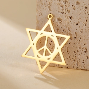 Golden stainless steel hexagram peace symbol pendant with polished mirror finish